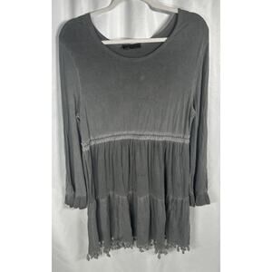 POL Gray Boho Tunic Blouse Midi Dress Size Medium Long Sleeve Tassels ELD162